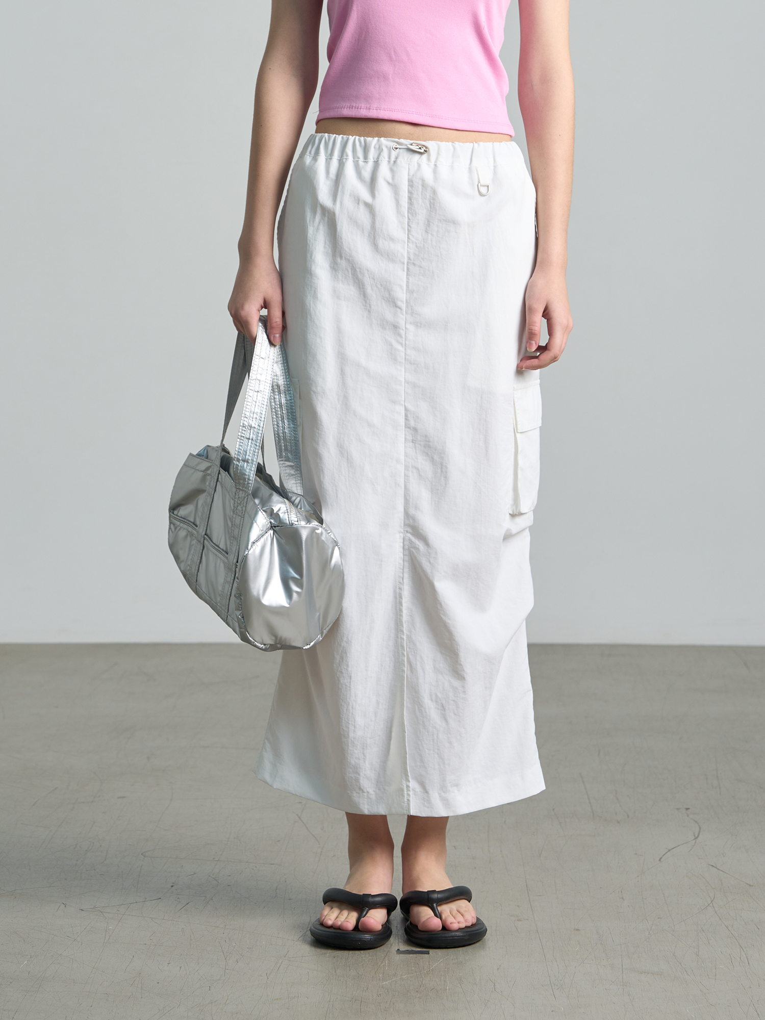 Coated Cargo Long Skirt White