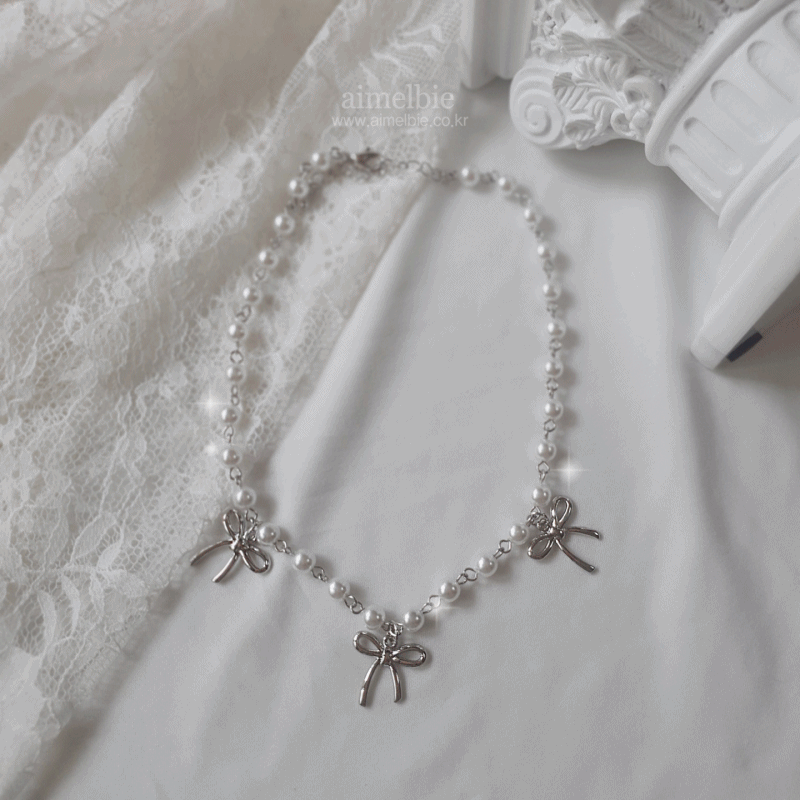 Three Ribbons Pearl Choker Necklace - Silver (아이브 레이, 배우 김지은 착용)