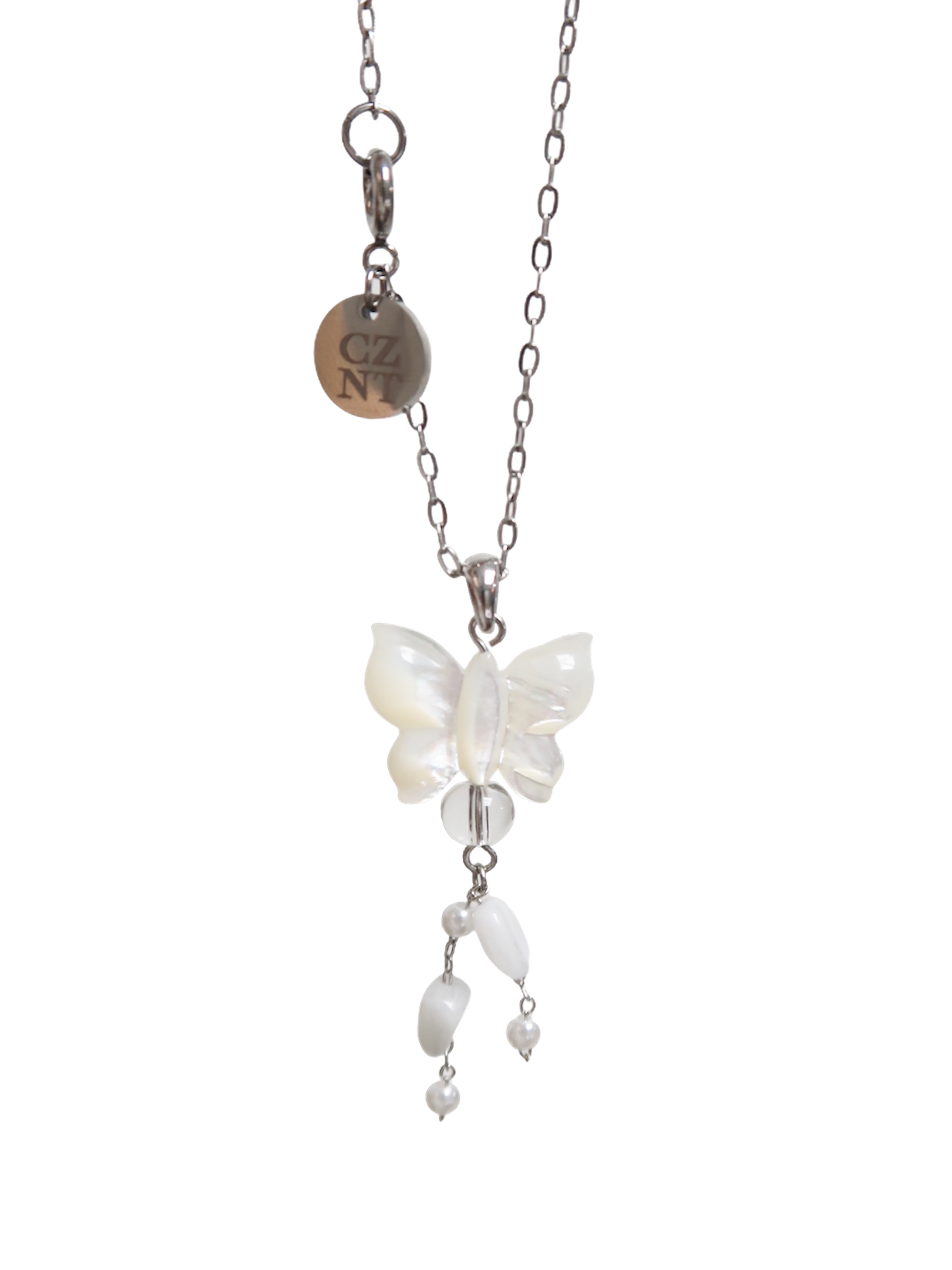 .T] white pearl butterfly necklace